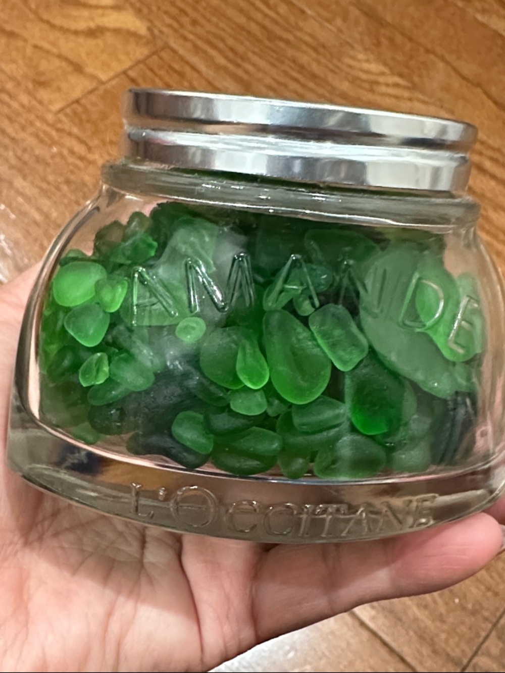 Mixed Green authentic Seaglass in L’Occitane jar